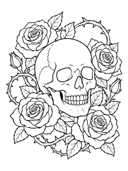 A detailed skull coloring page nestled among blooming roses and thorny vines.