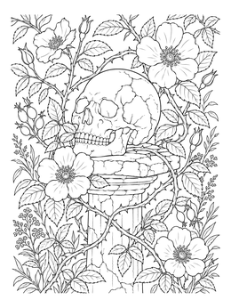 A detailed rose coloring page showing a skull resting on an ancient stone pedestal with blooming wild roses.