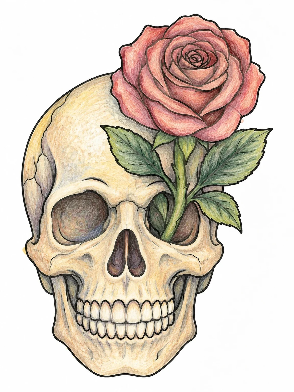 Colored example of the Skull With Blooming Rose coloring page