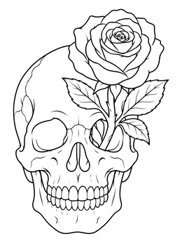 A detailed skull coloring page featuring a large rose blooming out of its eye socket.