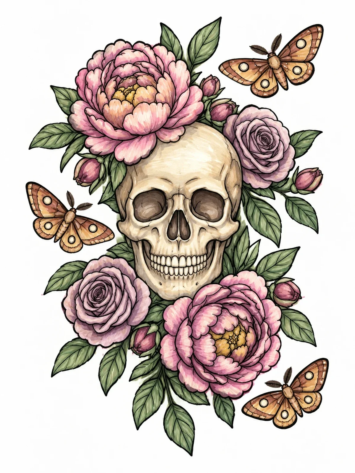 Colored example of the Skull With Peonies, Roses, And Moths coloring page