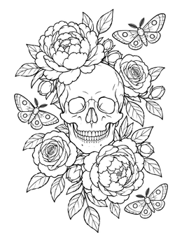 A detailed skull coloring page nestled among blooming peonies, roses, and fluttering moths.
