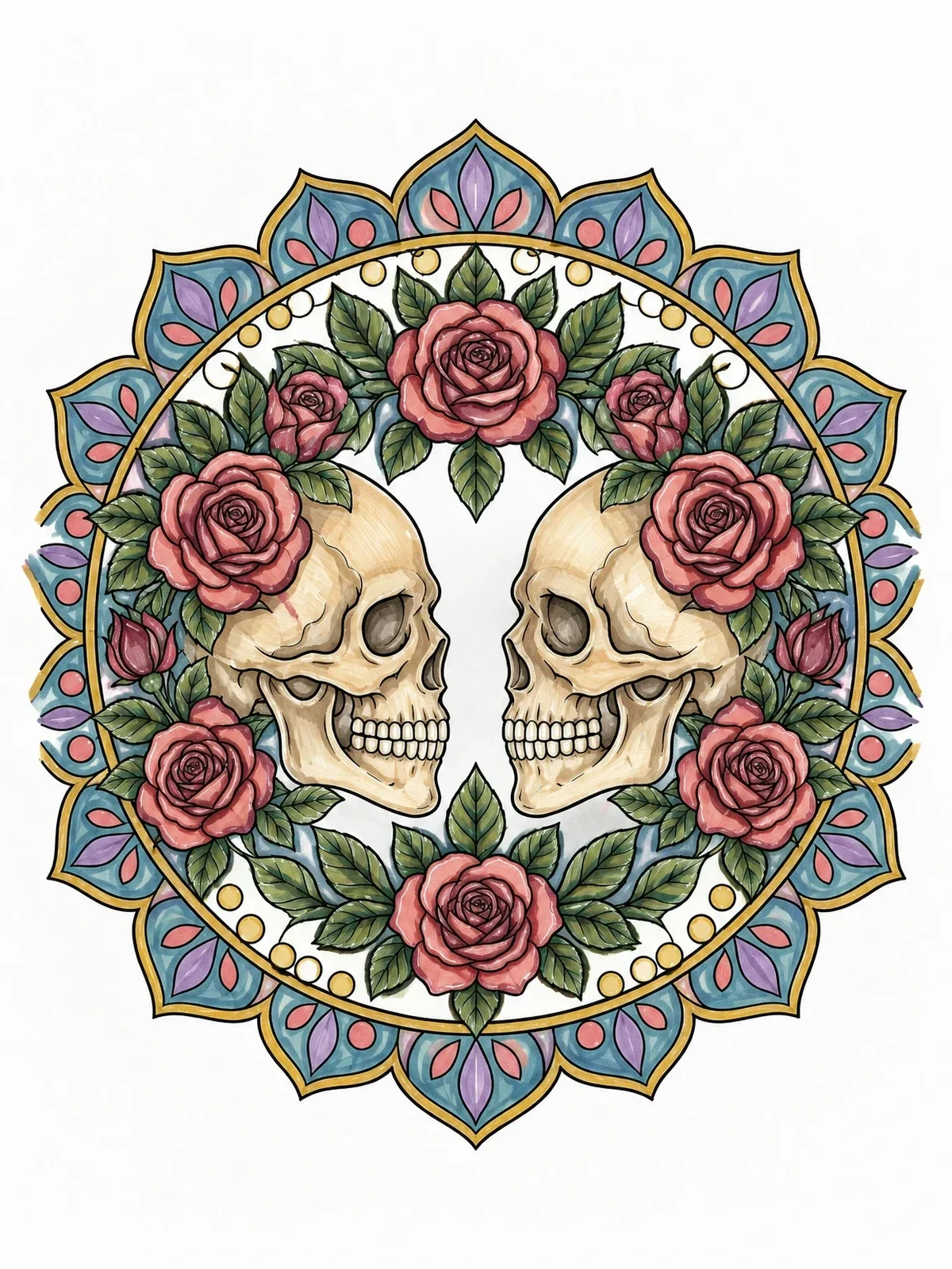 Colored example of the Skulls And Roses Mandala coloring page