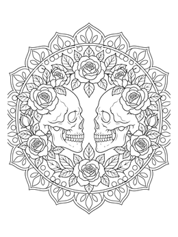 Detailed skulls and blooming roses mandala on this intricate rose coloring page.