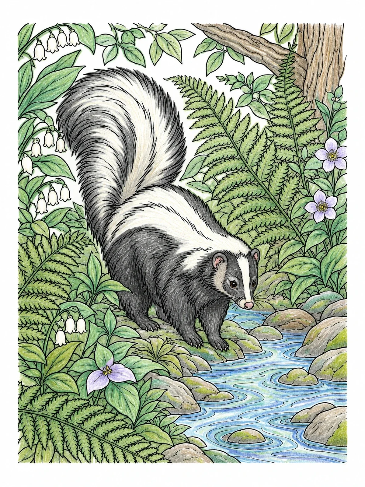 Colored example of the Skunk By The Forest Creek coloring page