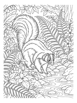 A detailed skunk coloring page showing the animal beside a woodland stream.
