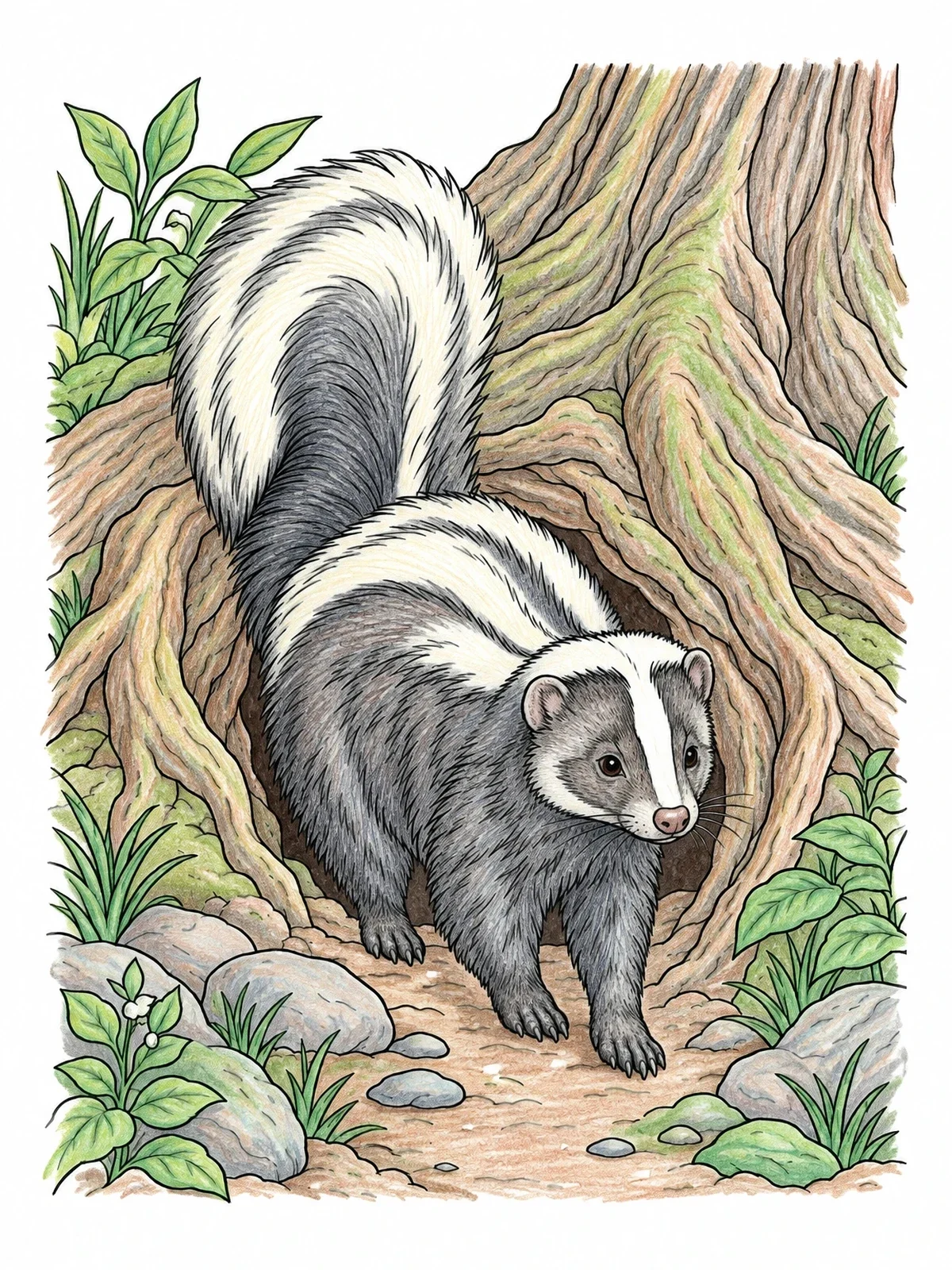 Colored example of the Skunk Emerging From Tree Roots Burrow coloring page