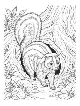 A detailed skunk coloring page showing the animal stepping out from a burrow under tree roots.