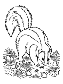 A detailed skunk coloring page showing a striped skunk investigating insects amid acorns and pine needles.