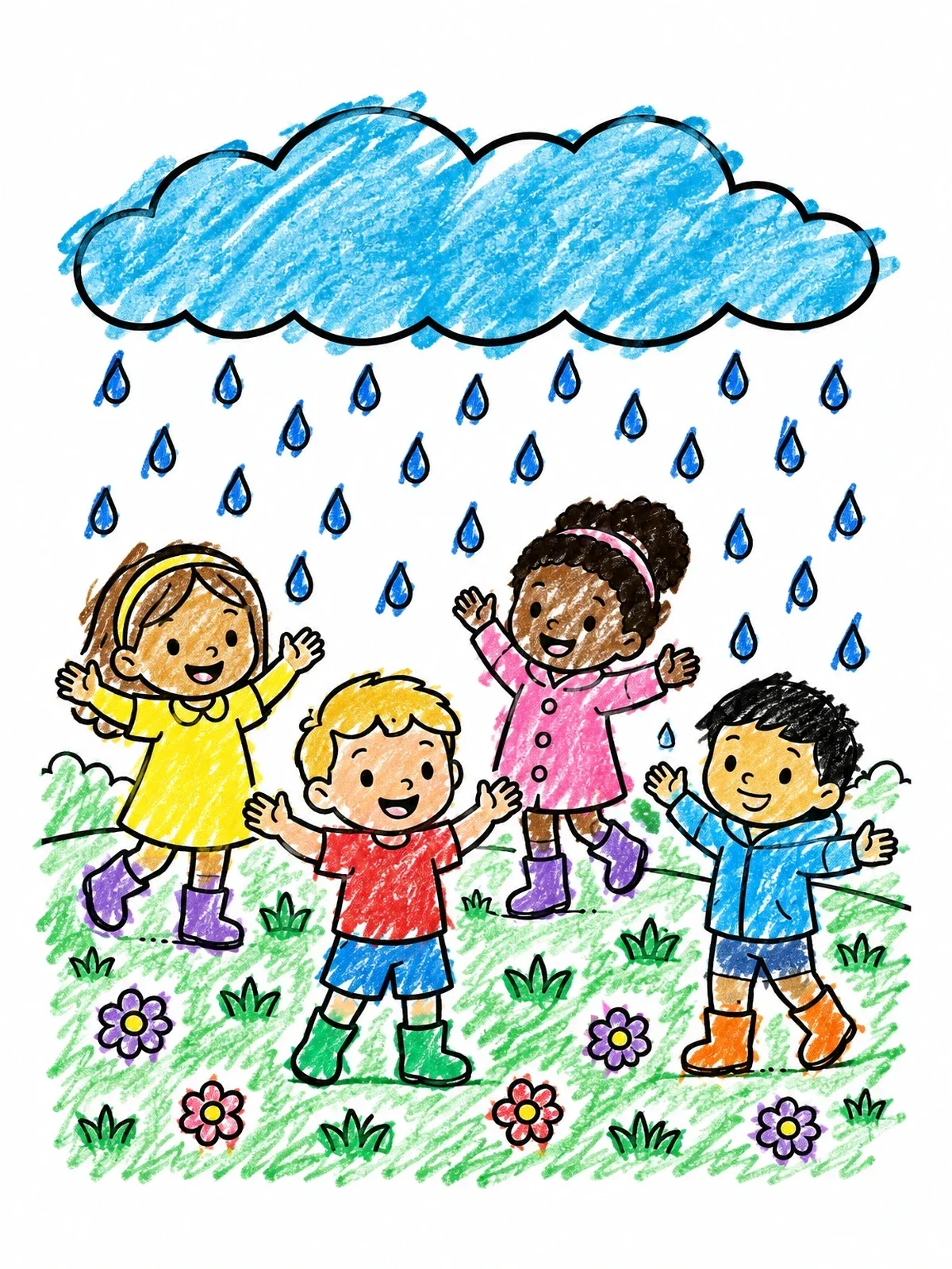 Colored example of the Children Playing In The Rain coloring page