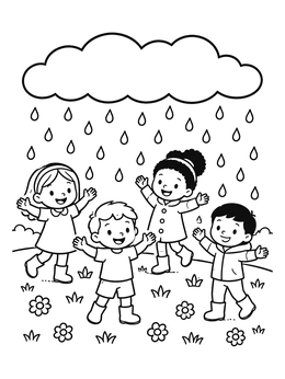 Kids dancing under a rainy cloud in this sky coloring page.