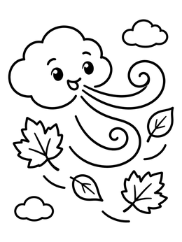 A happy cloud blows swirling wind across this sky coloring page with autumn leaves.