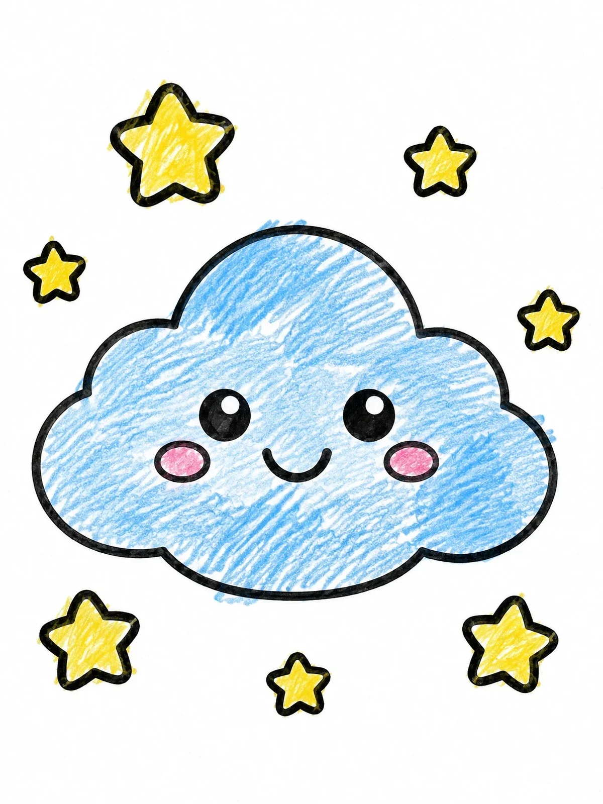 Colored example of the Cute Smiling Cloud And Stars coloring page