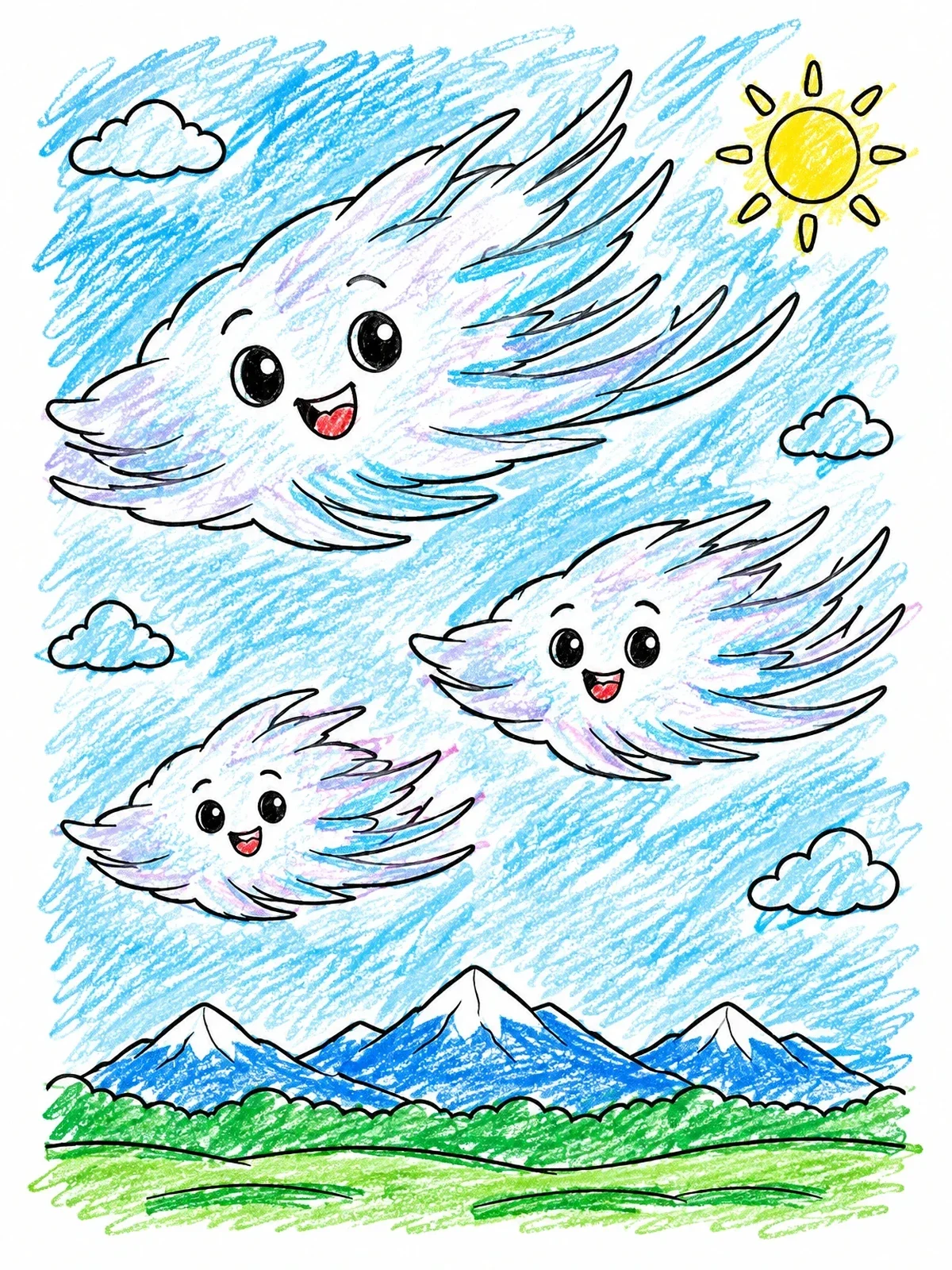 Colored example of the Happy Cirrus Clouds Over Mountains coloring page