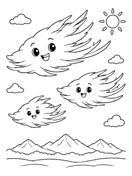 Free printable Happy Cirrus Clouds Over Mountains coloring page