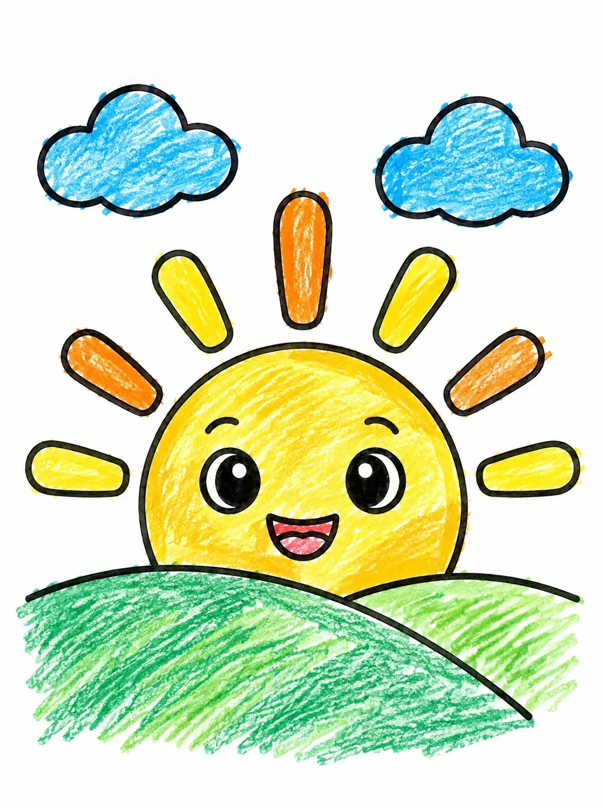 Colored example of the Happy Sun Rising Over Hills coloring page