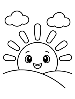 A smiling sun rises behind rolling hills in this cheerful sky coloring page.