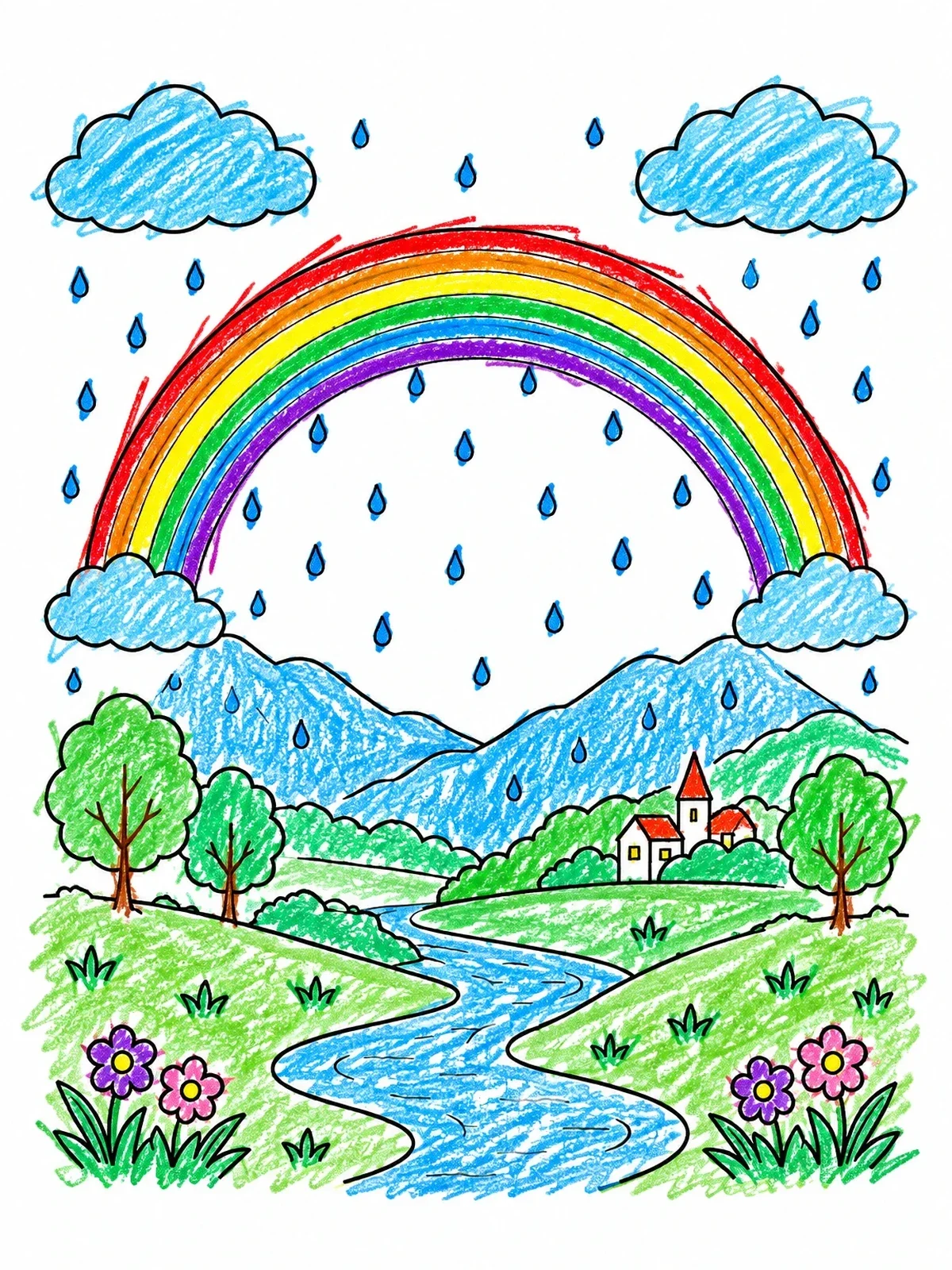 Colored example of the Rainbow Over A Rainy Valley coloring page