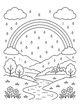 Free printable Rainbow Over A Rainy Valley coloring page