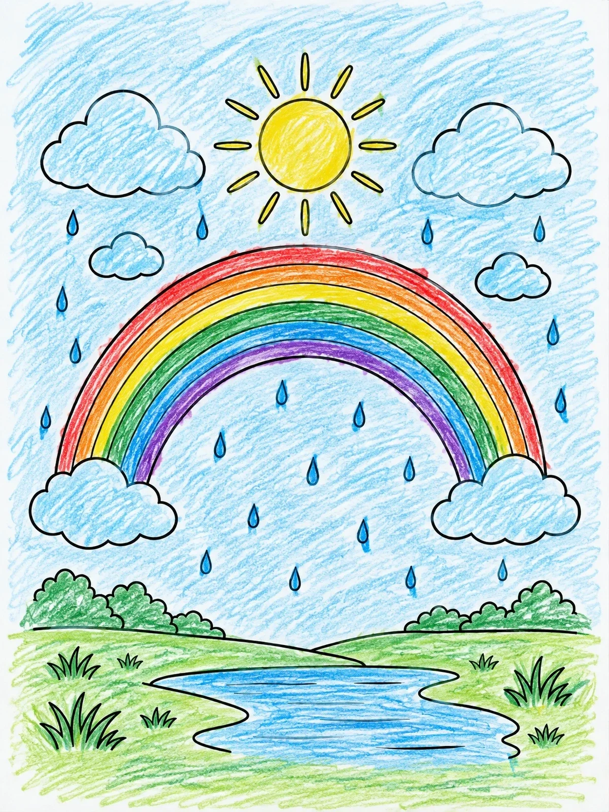 Colored example of the Rainbow And Sun Over Meadow coloring page