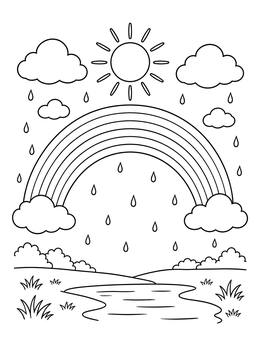 Rainbow and Sun Over Meadow coloring page
