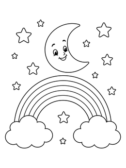 A smiling crescent moon rests over a rainbow and clouds in this sky coloring page.