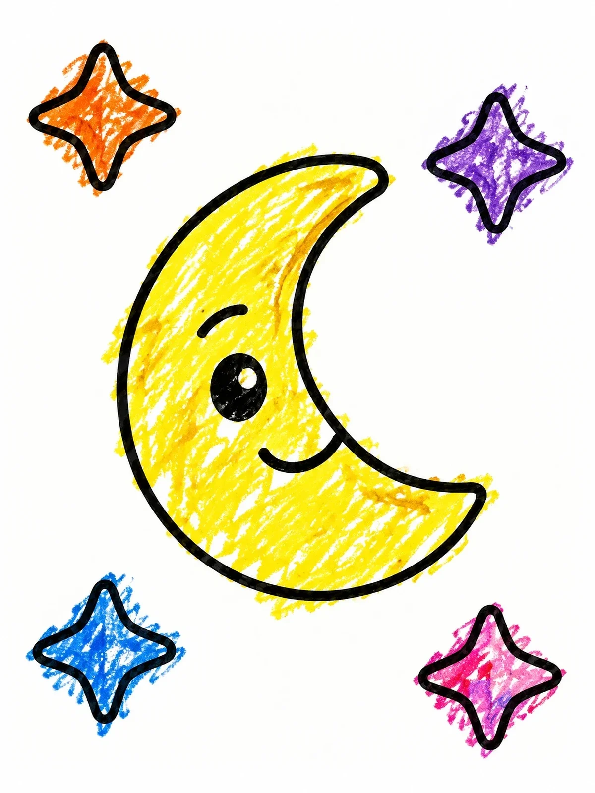 Colored example of the Smiling Crescent Moon And Stars coloring page