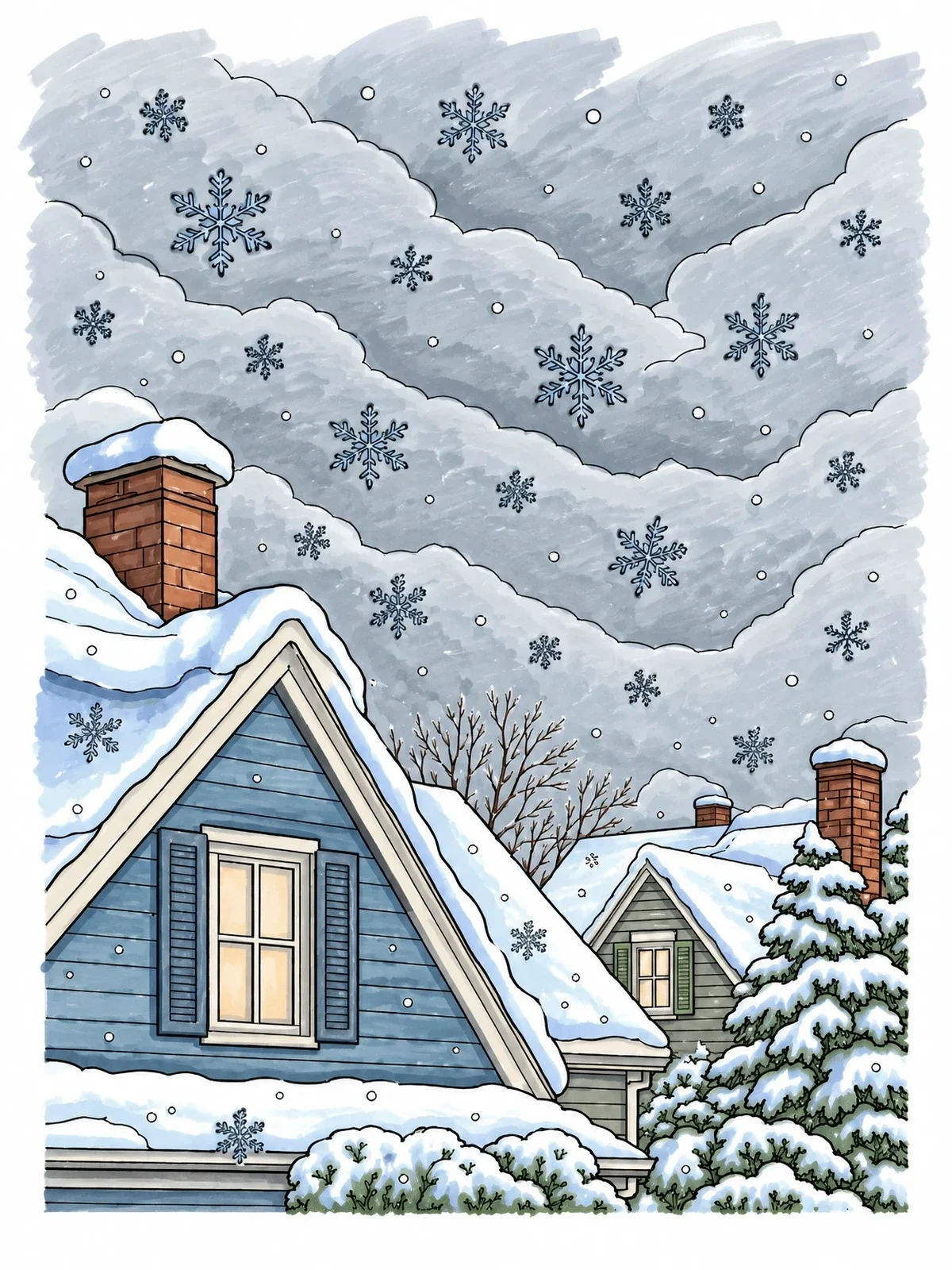 Colored example of the Snow Falling Over Cozy Rooftops coloring page