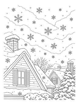 Snowflakes drift from clouds above snowy houses in this wintry sky coloring page.