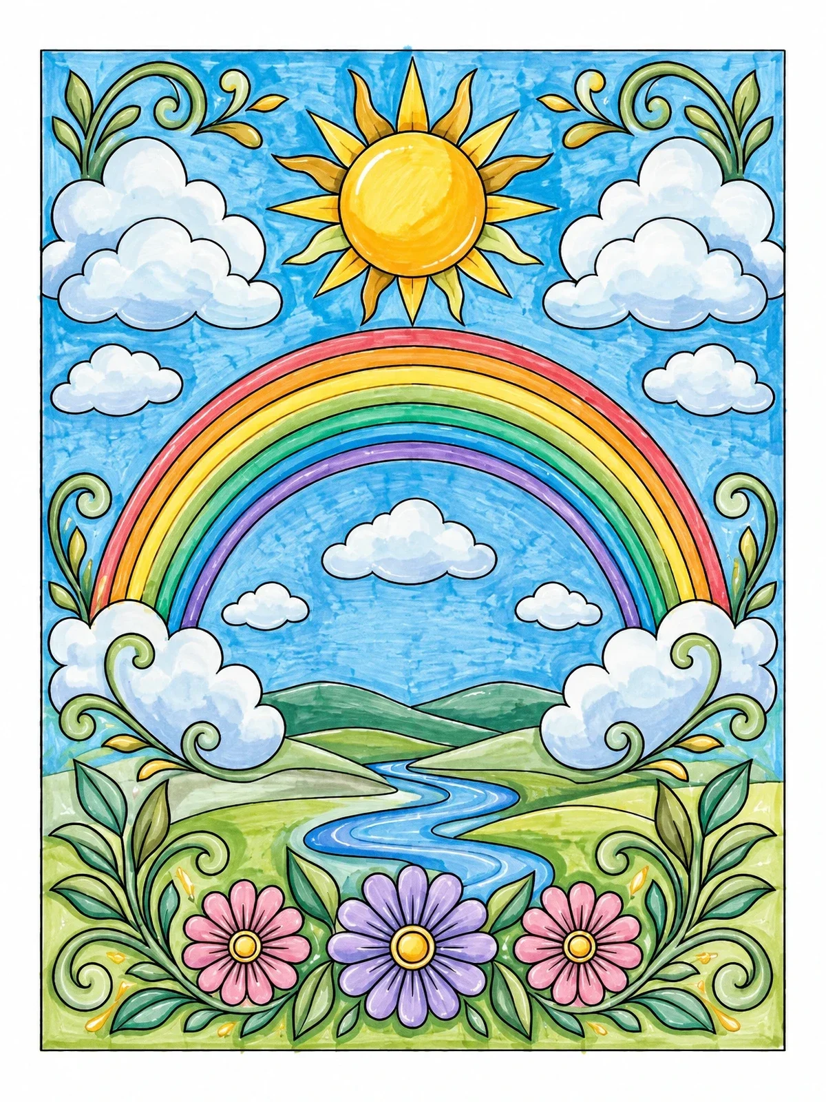 Colored example of the Sun And Rainbow Over Floral Landscape coloring page