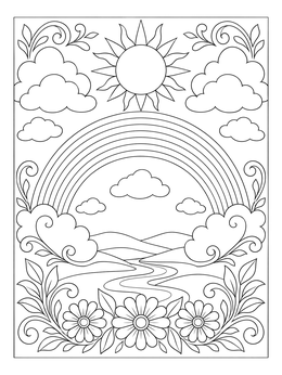 A sun and rainbow over a rolling landscape with flowers in this sky coloring page.
