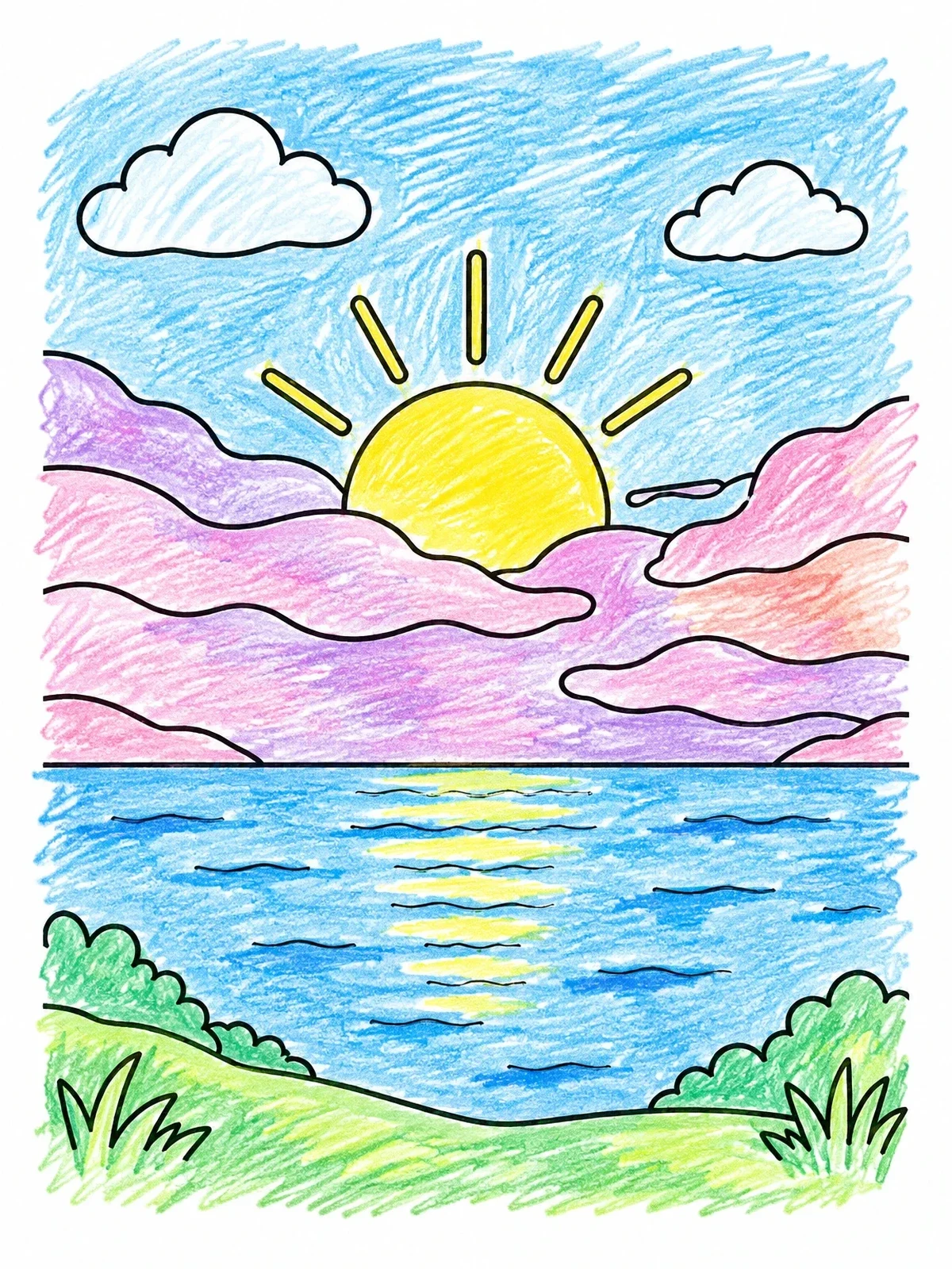 Colored example of the Sun Rising Over Calm Ocean coloring page