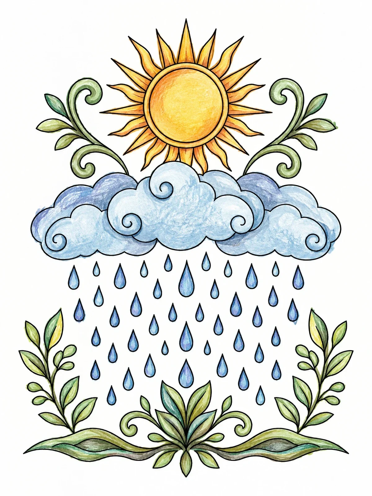 Colored example of the Sun Shower And Falling Raindrops coloring page