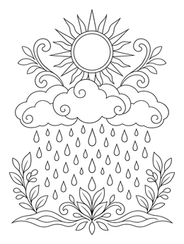 A decorative sky coloring page showing the radiant sun above rain clouds and raindrops falling on plants.