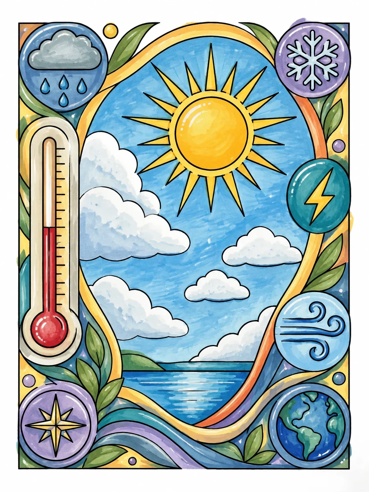 Colored example of the Sun And Weather Meteorology Art coloring page