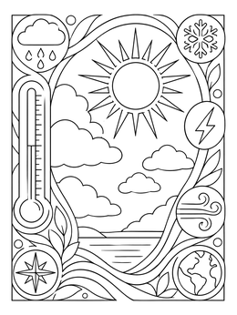 A sunny sky coloring page framed with meteorology symbols and a thermometer.