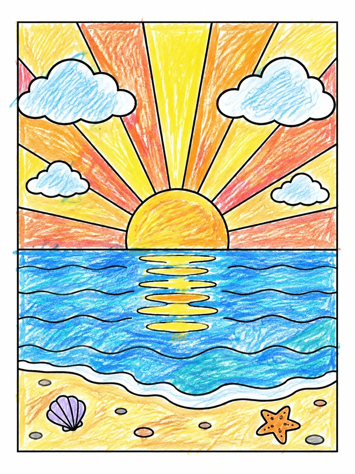 Colored example of the Sunset Over Ocean And Beach coloring page