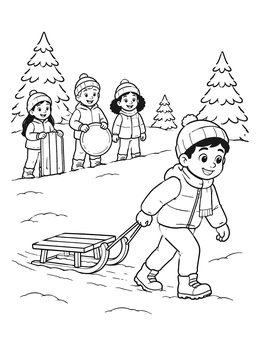 Free printable Boy Pulling Sled In The Snow coloring page