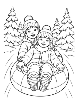 A cheerful boy and girl enjoy a sledding coloring page on an inflatable snow tube.