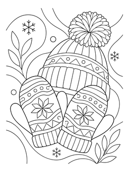 A cozy winter hat and patterned mittens on this sledding coloring page.