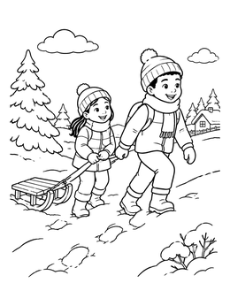 Free printable Siblings Pulling Sled Uphill coloring page