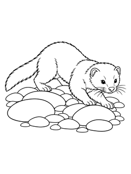 A wild mink coloring page featuring the creature stealthily walking across smooth river stones.