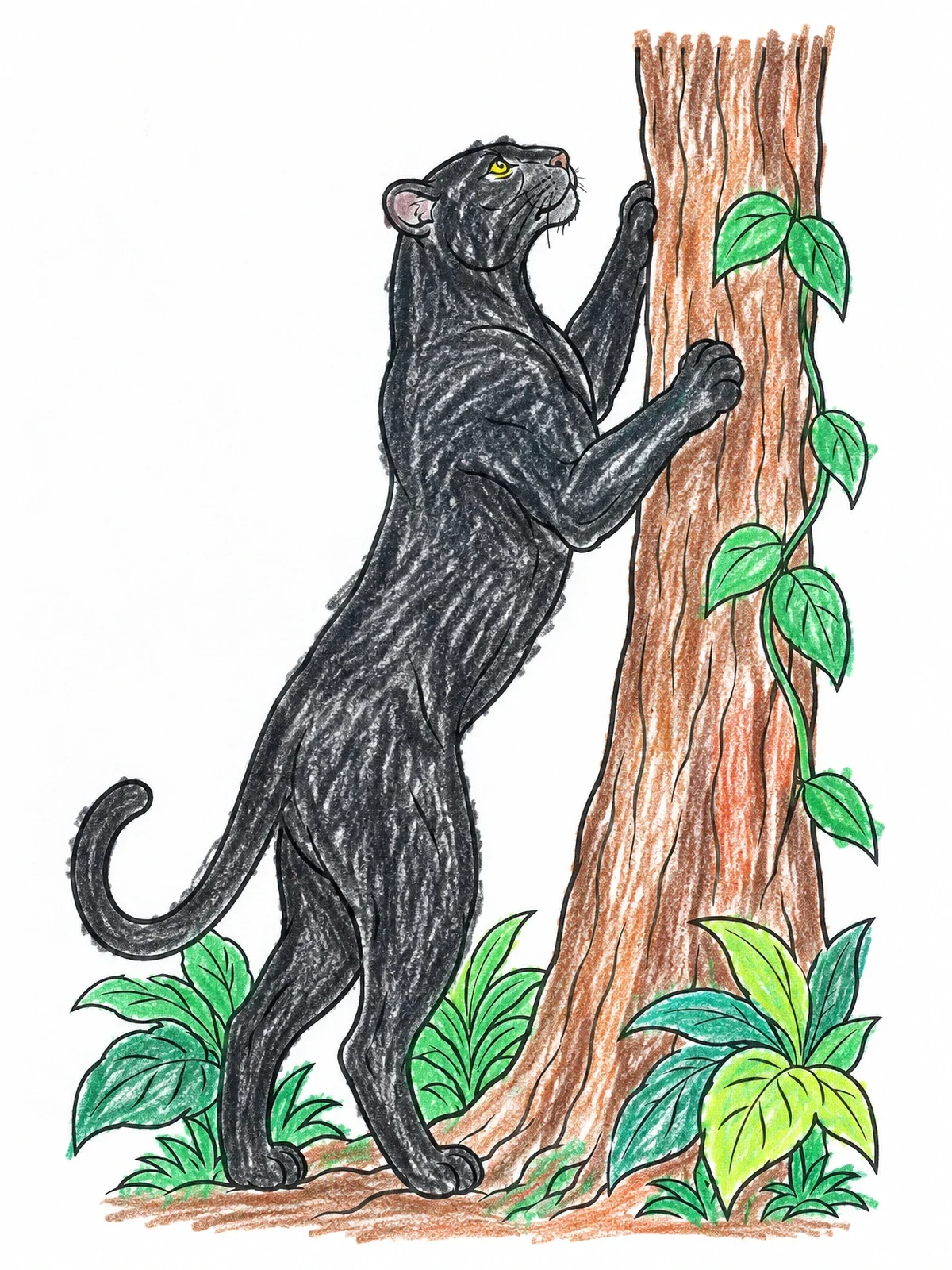 Colored example of the Sleek Panther Climbing A Jungle Tree coloring page