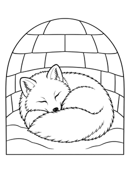 A fluffy arctic fox sleeps curled up in this igloo coloring page.