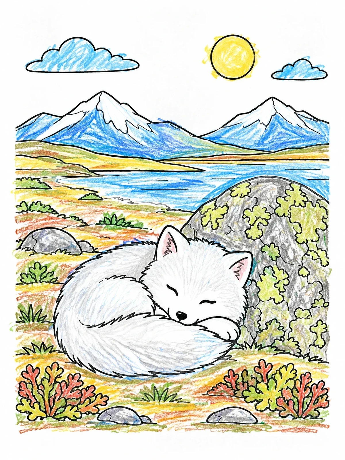 Colored example of the Sleeping Arctic Fox In The Tundra coloring page