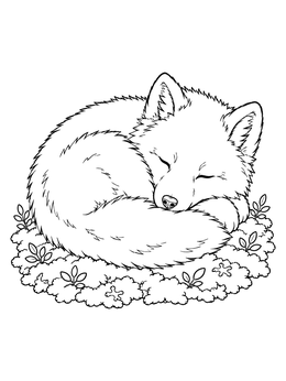 A peaceful sleeping arctic wolf coloring page curled on a soft bed of moss.