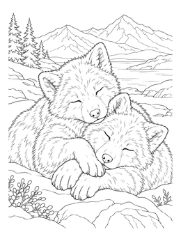 Two cute sleeping pups cuddle in this arctic wolf coloring page against a mountain background.