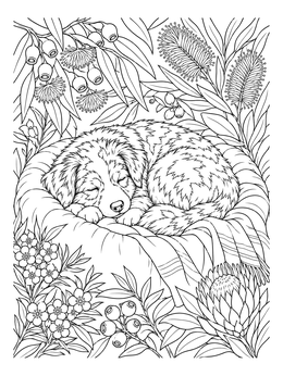 Free printable Sleeping Australian Shepherd Puppy In Garden coloring page