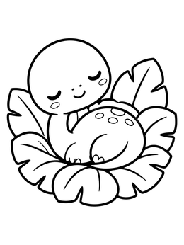 A cute sleeping baby brachiosaurus coloring page curled up in a nest of leaves.