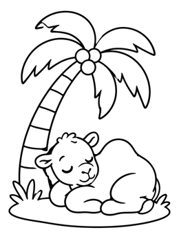 Free printable Sleeping Baby Camel Under Palm Tree coloring page